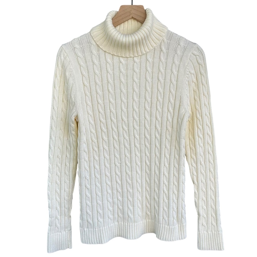 LL Bean Womens Cream Cable Knit Turtleneck 100% Cotton Sweater Ivory Size Medium